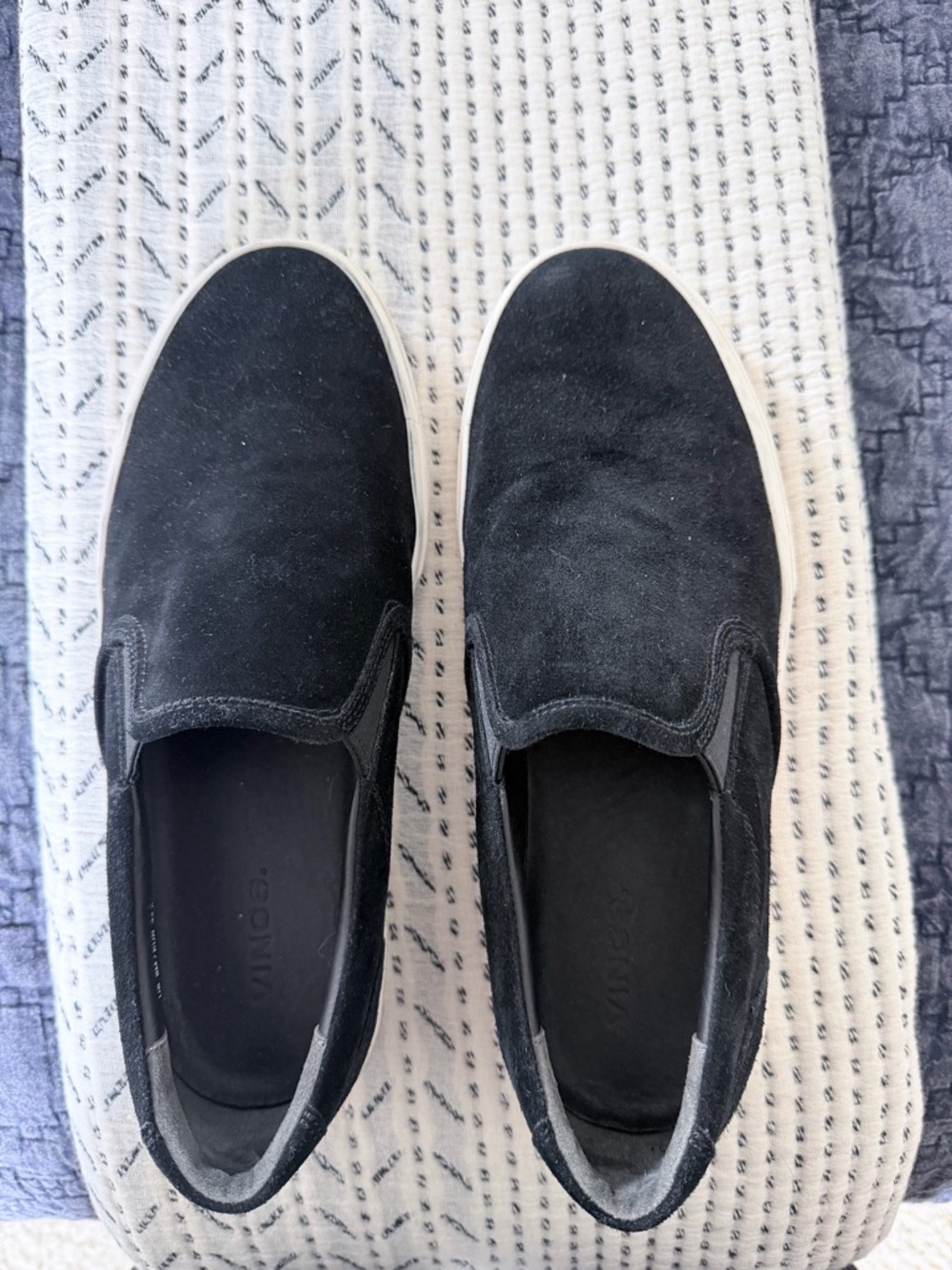 Vince Men’s Black Suede Slip-On Loafers with White Sole. Size 10